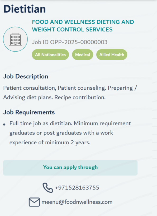 dietitian job opening under DHA