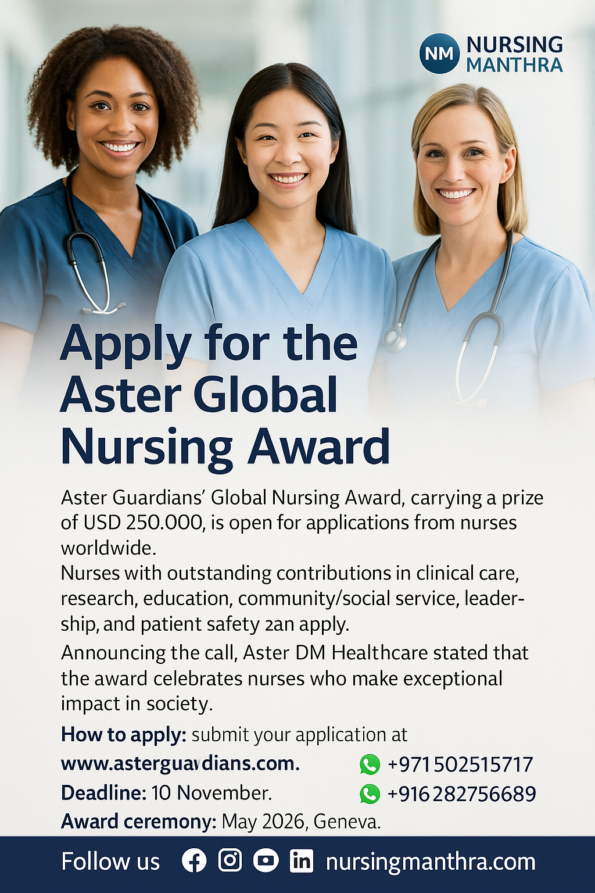 Global Nursing Award (USD 250,000). Registered nurses worldwide can apply by 10 Nov. Ceremony in May 2026, Geneva.